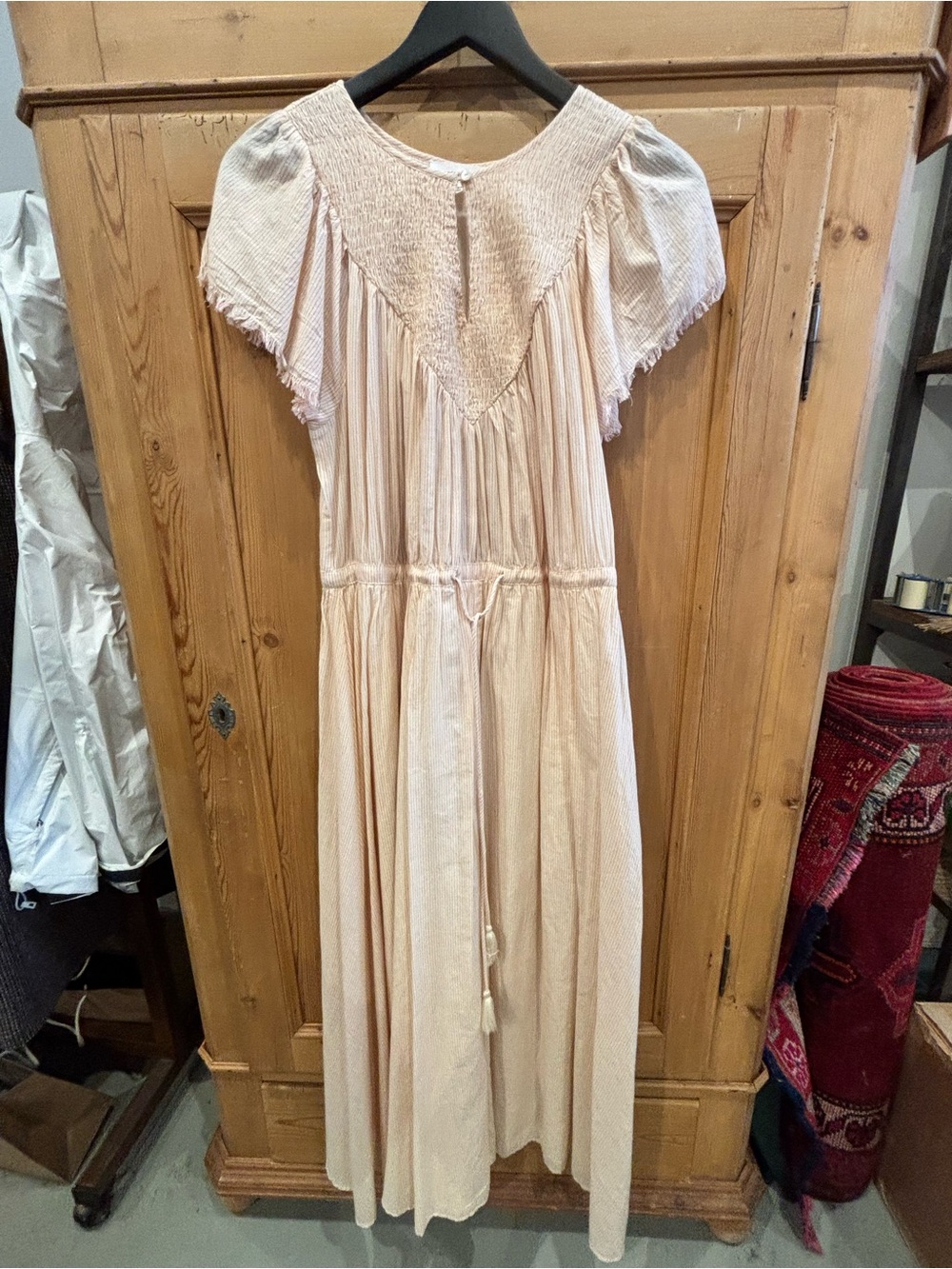 Light Cream Smocked Yoke Maxi Dress with Drawstring Waist